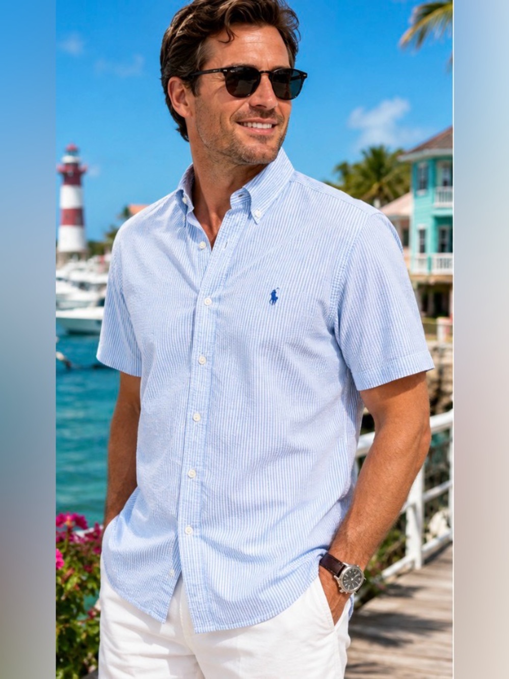 Polo Ralph Lauren Blake Men’s Large Seersucker Shirt Blue White Stripe